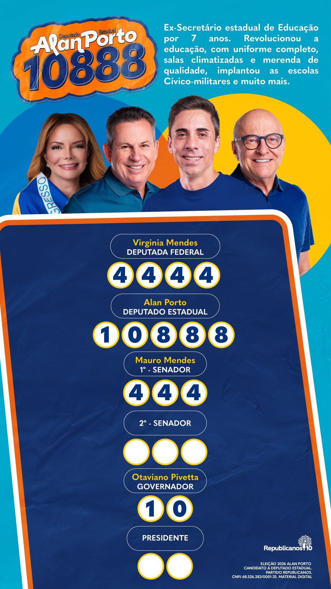 Colinha de votação de Alan Porto, deputado estadual 10888, com Virginia Mendes 4444 para deputada federal, Mauro Mendes 444 para senador e Otaviano Pivetta 10 para governador.